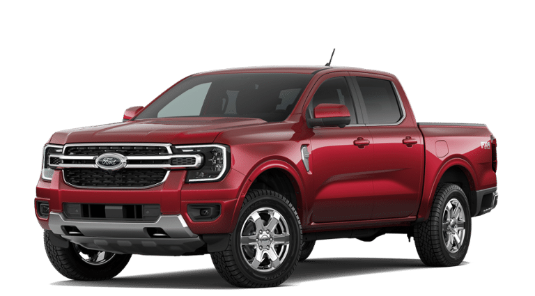 2026 Ford Ranger Lariat in Ruby Red Metallic Tinted Clearcoat — front three-quarter view