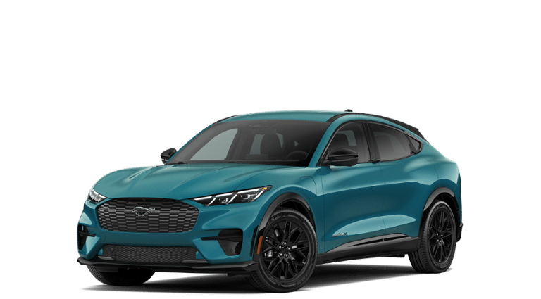 2026 Ford Mustang Mach-E Premium in Adriatic Blue Metallic — front three-quarter view